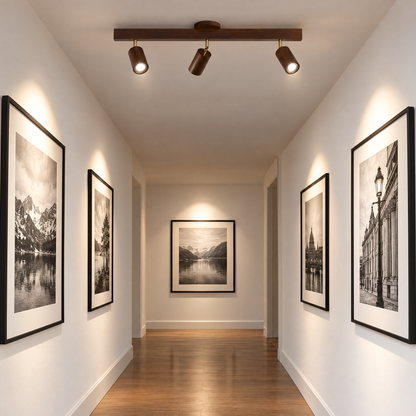 Rafter Wood Beam Spotlight Ceiling Light in Walnut Color in a gallery hallway