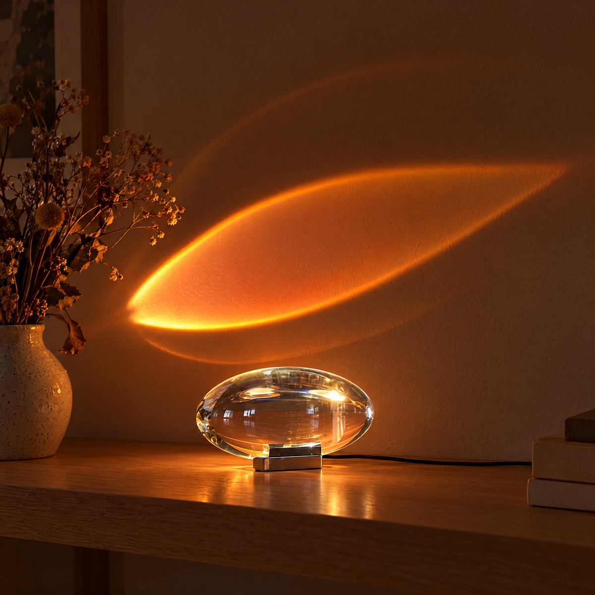 Atman Crystal Glass LED Table Lamp, Sunset red, close-up on an oak shelf