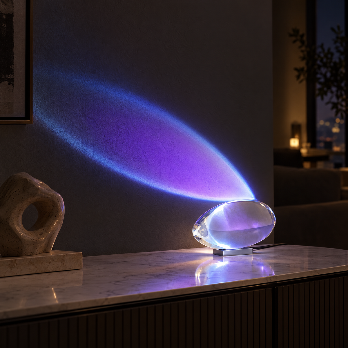 Atman Crystal Glass LED Table Lamp, Blue purple light, close-up on a marble console