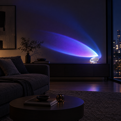 Atman Crystal Glass LED Table Lamp, Blue purple light, in a modern living room