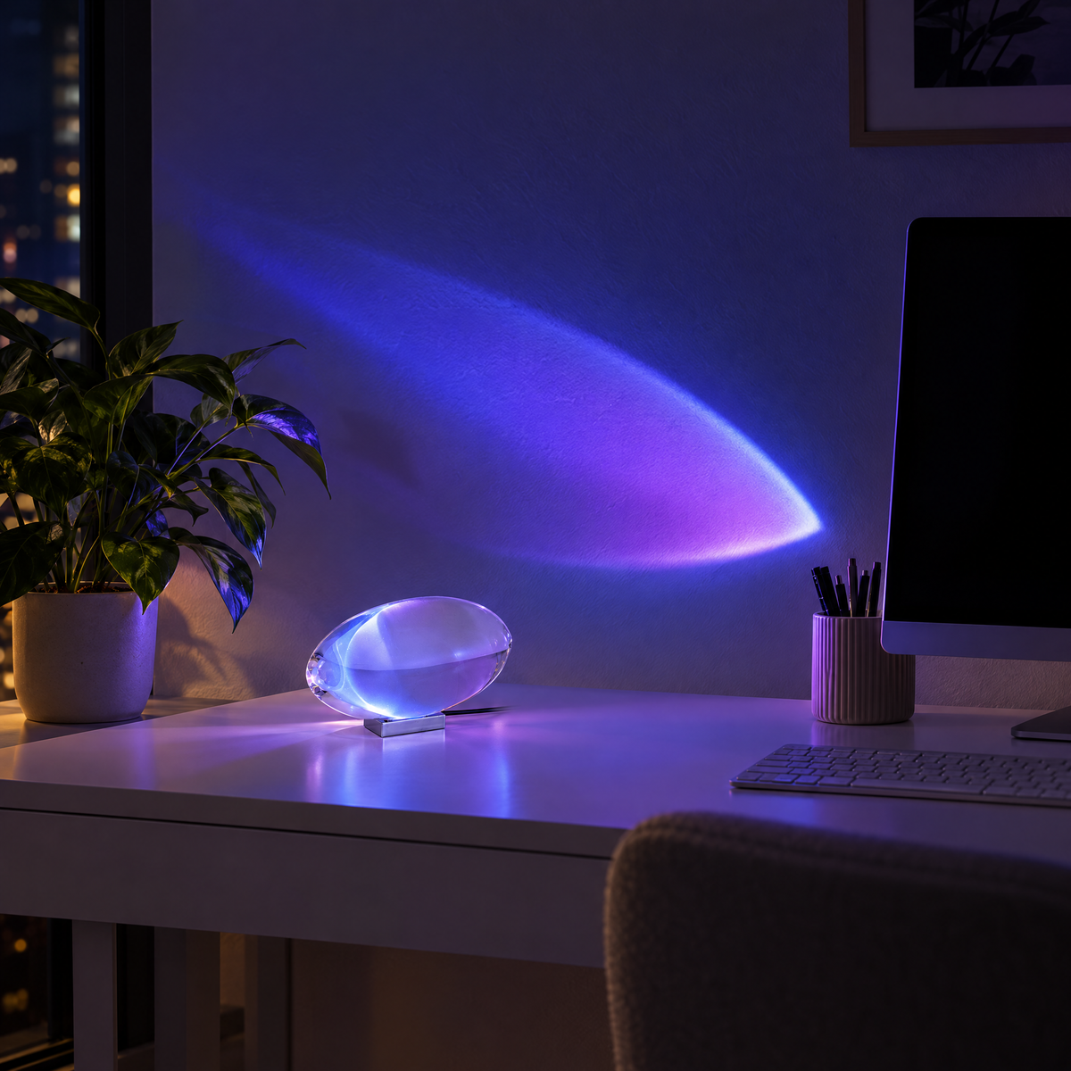 Atman Crystal Glass LED Table Lamp, Blue purple light, on a home office desk