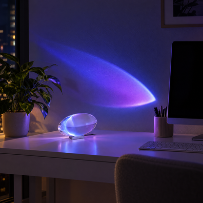 Atman Crystal Glass LED Table Lamp, Blue purple light, on a home office desk