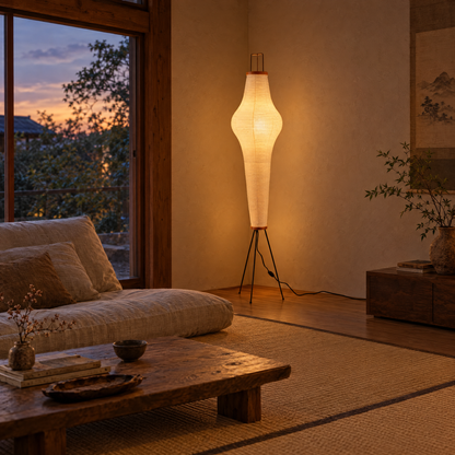 Washi Rice Paper Floor Lamp Style B in a wabi-sabi living room