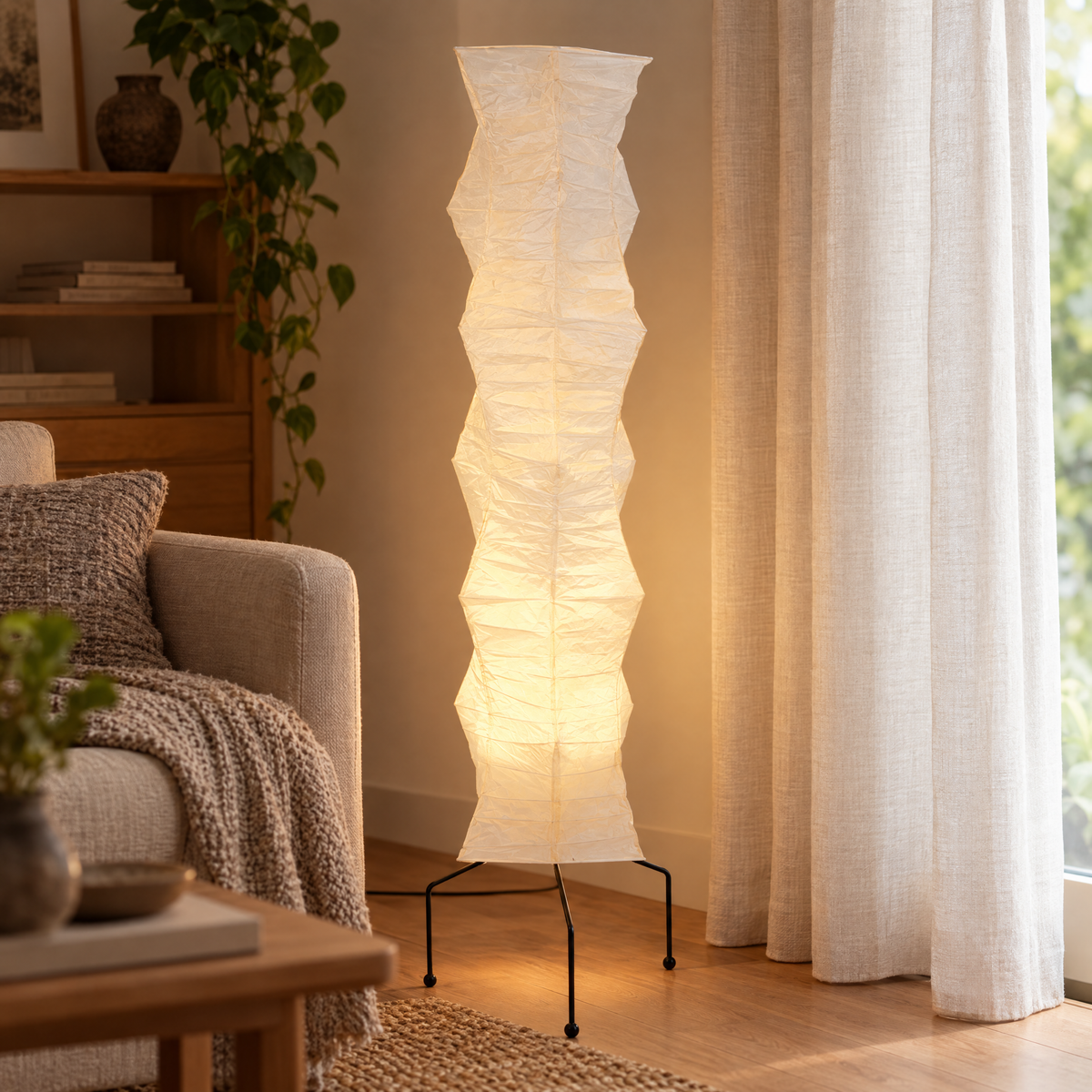 Washi Rice Paper Floor Lamp Dia 18.5 in, close-up of the folded paper column