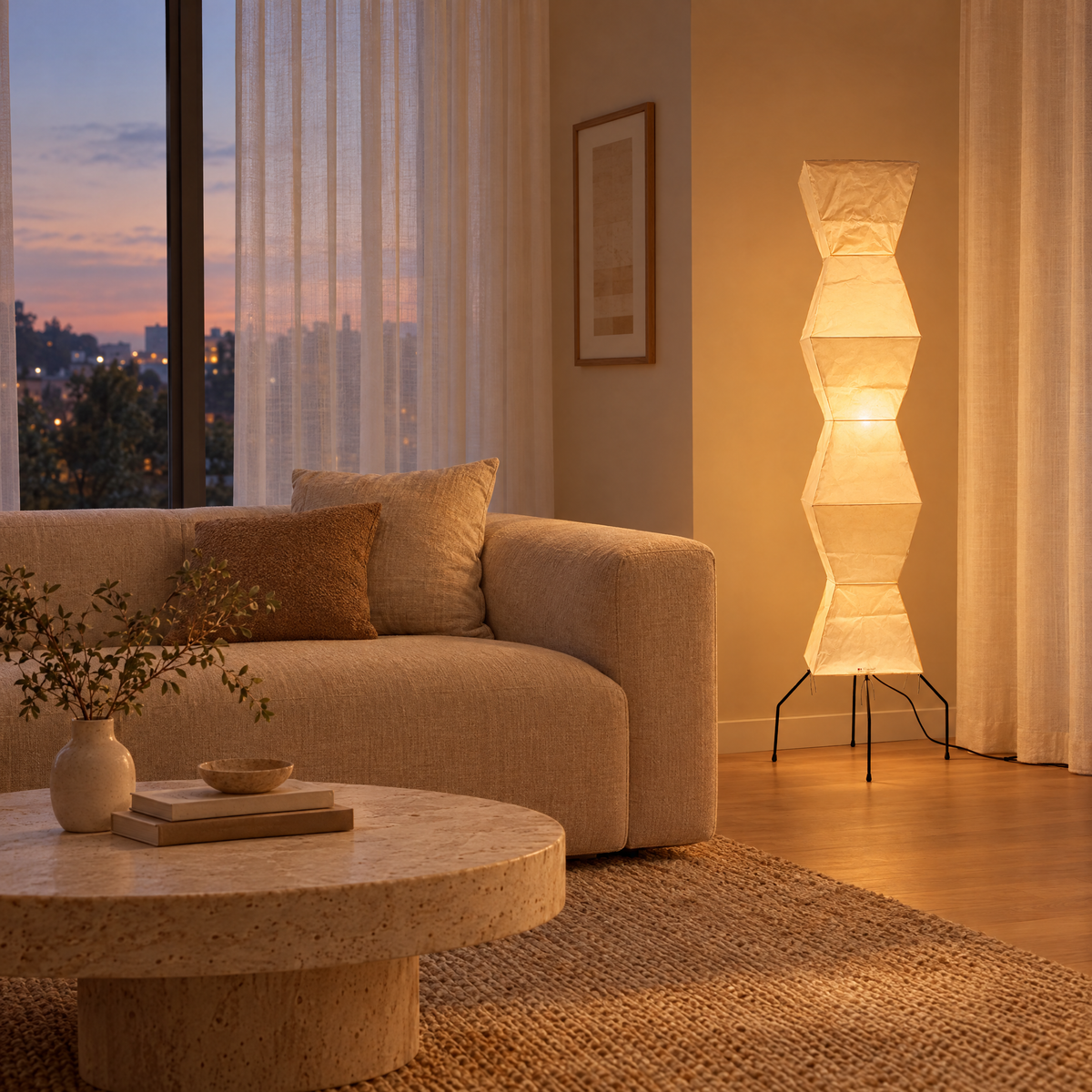 Washi Rice Paper Floor Lamp Dia 20.4 in, in a contemporary living room
