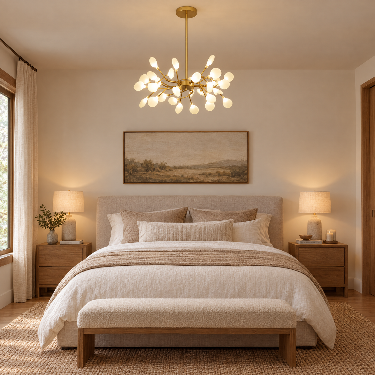 Lucciola Firefly Sputnik Chandelier, 30 heads, Gold, in a bedroom