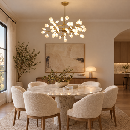 Lucciola Firefly Sputnik Chandelier, 45 heads, Gold, in a dining room