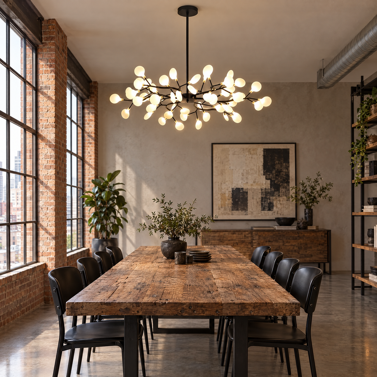 Lucciola Firefly Sputnik Chandelier, 54 heads, Black, in a loft dining area