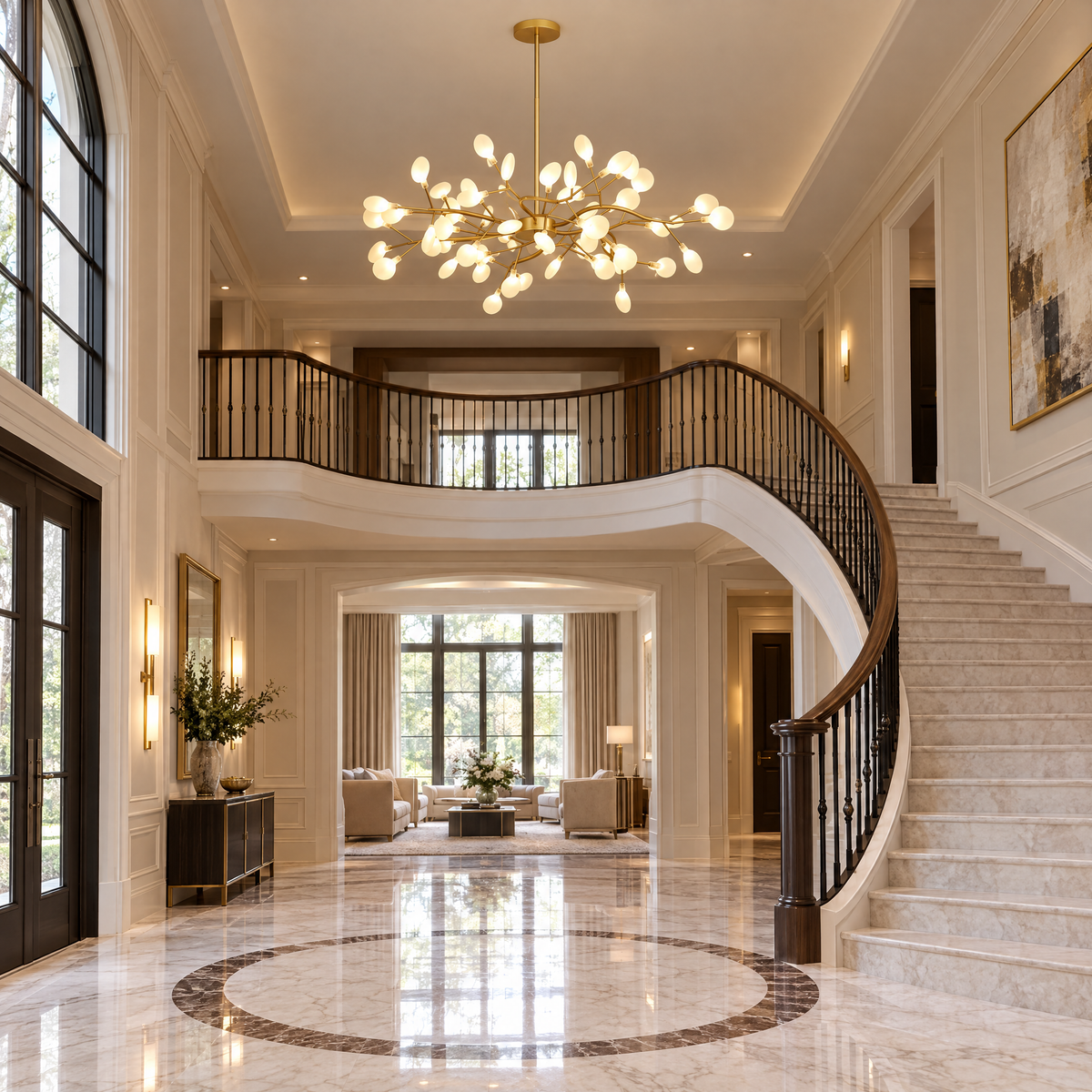 Lucciola Firefly Sputnik Chandelier, 63 heads, Gold, in a grand foyer