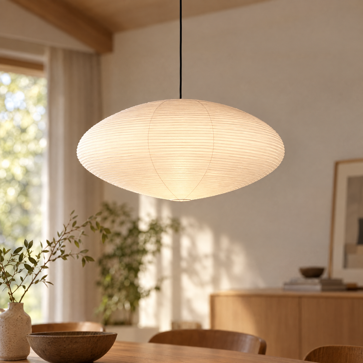 Fumi Washi Paper Pendant Light, Black Cable