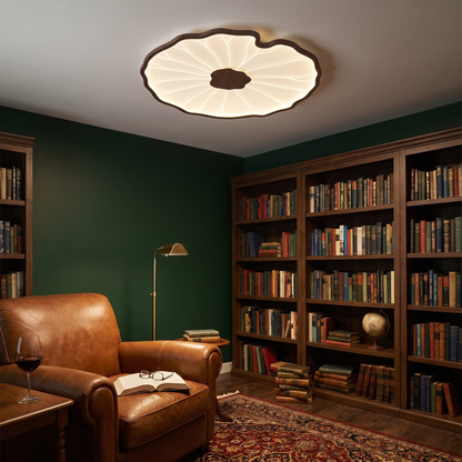Nymphea round walnut lotus leaf ceiling light in a home library
