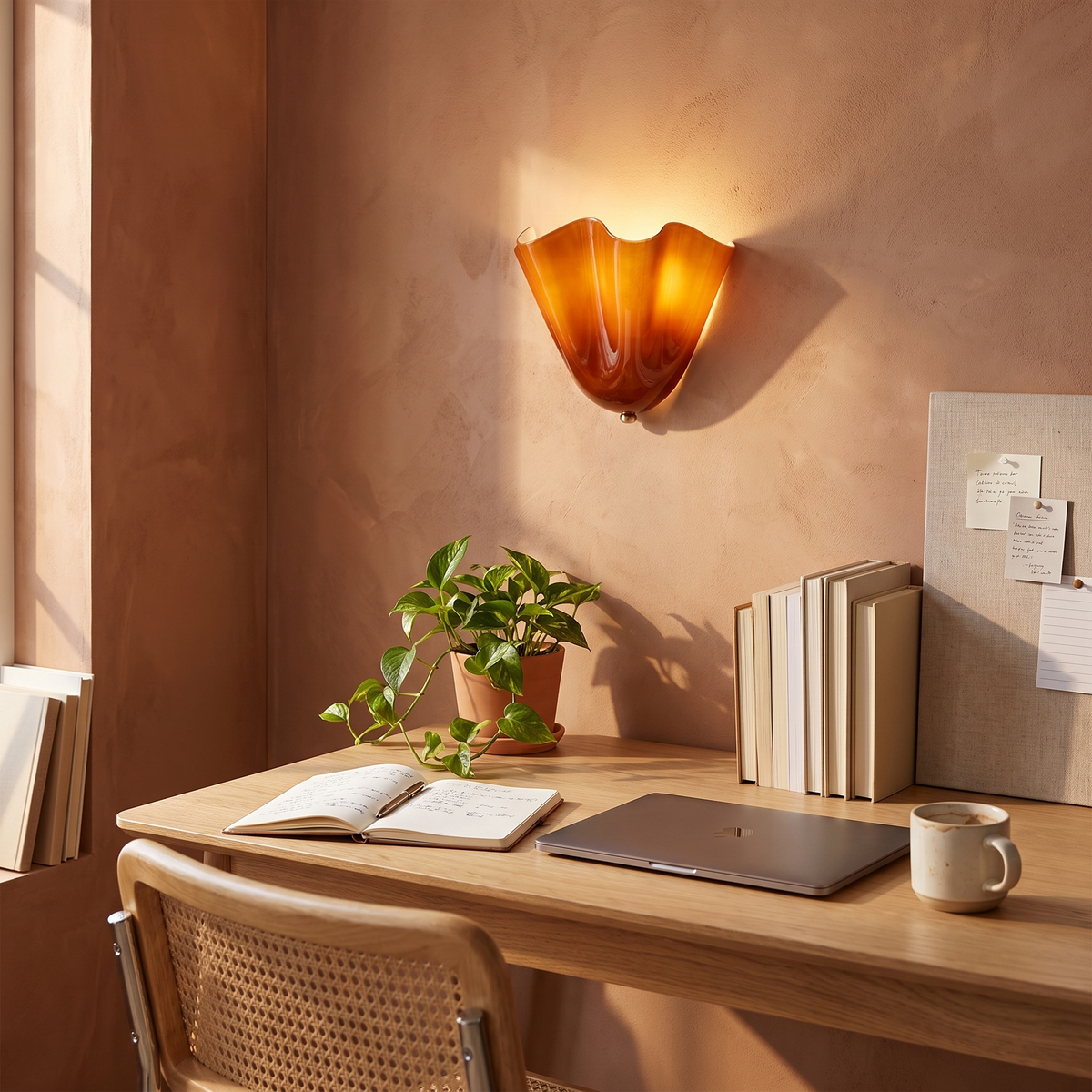 Petalia Amber glass wall sconce in a home office