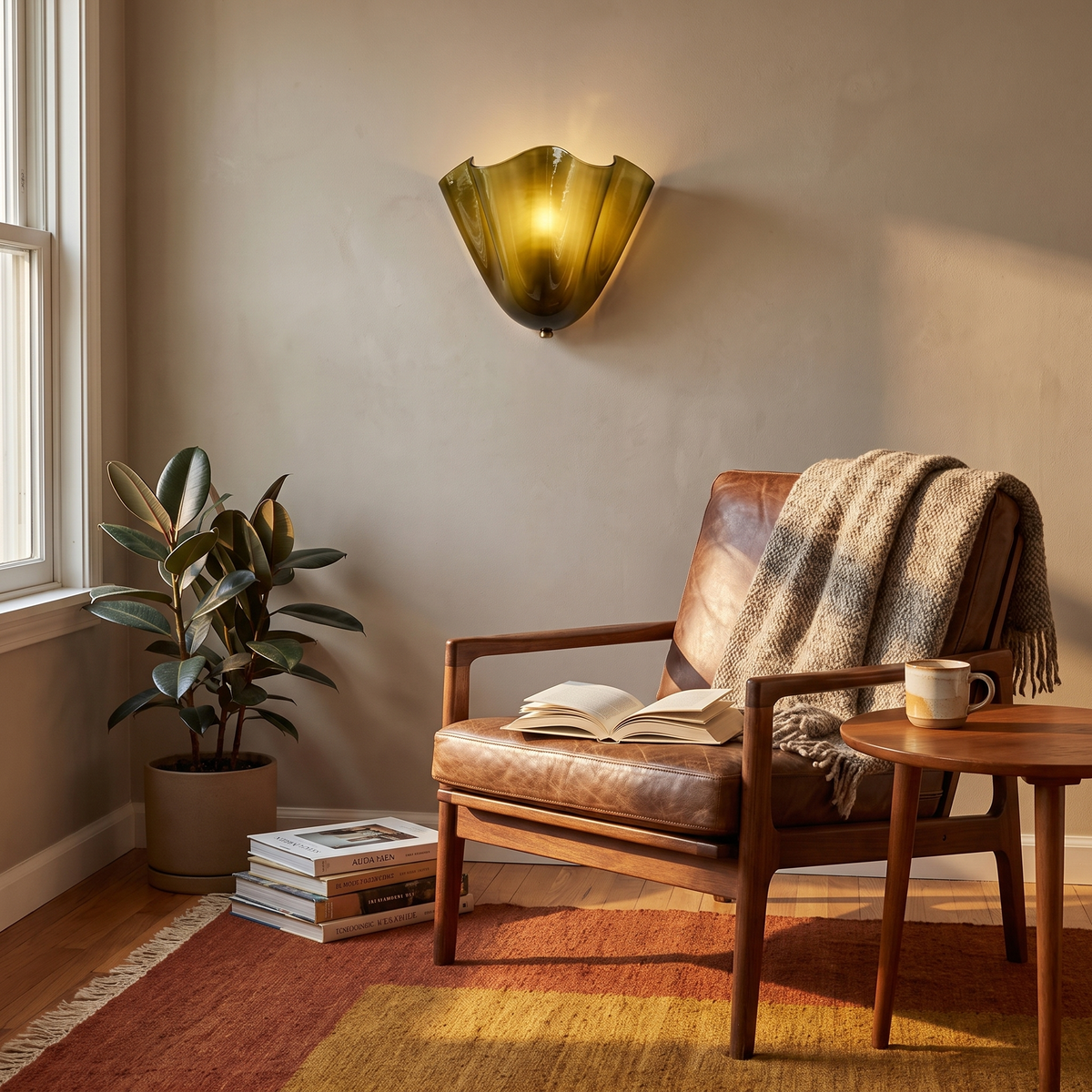 Petalia Green glass wall sconce in a mid-century reading corner