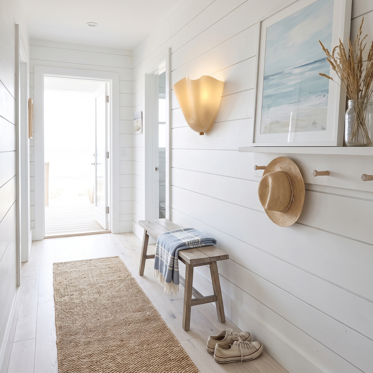 Petalia Beige glass wall sconce in a coastal hallway