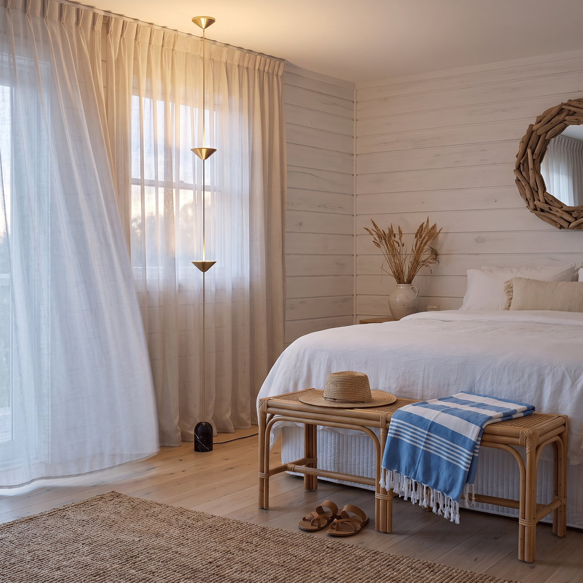 Soreluna 2 Lights floor to ceiling LED floor lamp in a coastal bedroom