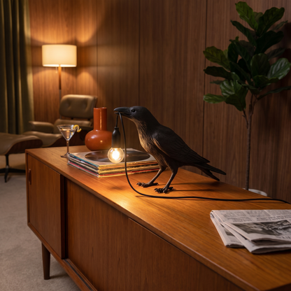 Corbeau black upright raven table lamp in a mid century living room