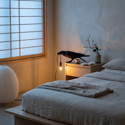 Corbeau black low raven table lamp in a Japandi bedroom