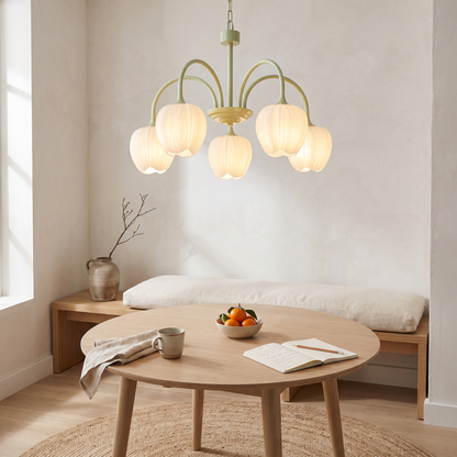 Tulipa 5 heads Matcha &amp; White glass tulip chandelier in a Japandi dining nook