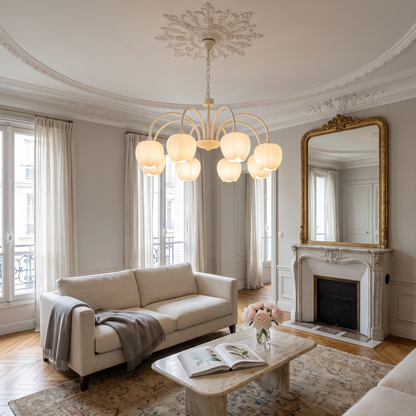 Tulipa 8 heads Creamy white &amp; White glass tulip chandelier in a Parisian salon