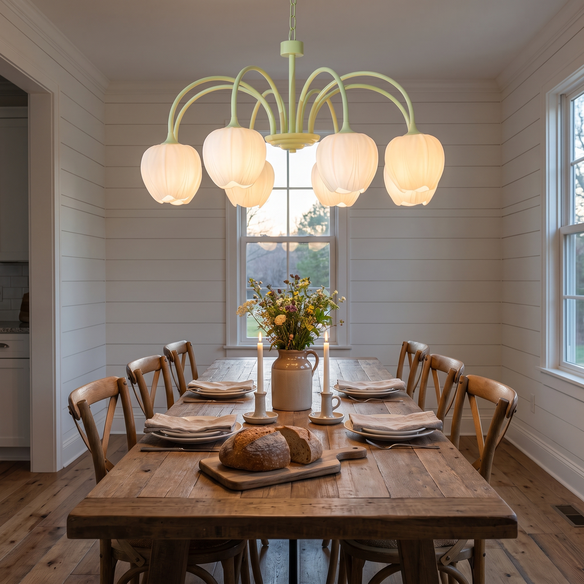 Tulipa 8 heads Matcha &amp; White glass tulip chandelier in a farmhouse dining room