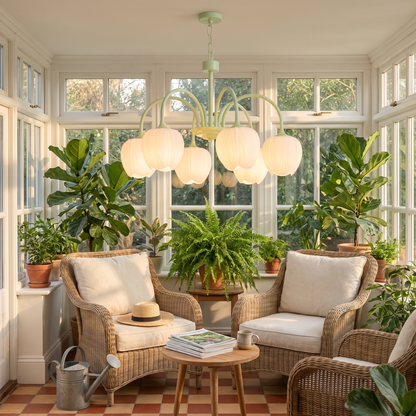 Tulipa 6 heads Matcha &amp; White glass tulip chandelier in a sunroom