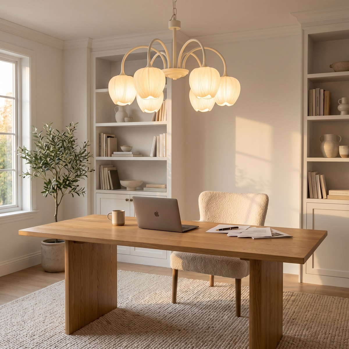 Tulipa 6 heads Creamy white &amp; White glass tulip chandelier in a home office
