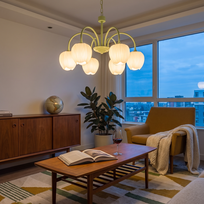 Tulipa 6 heads Matcha &amp; White glass tulip chandelier in a mid-century living room