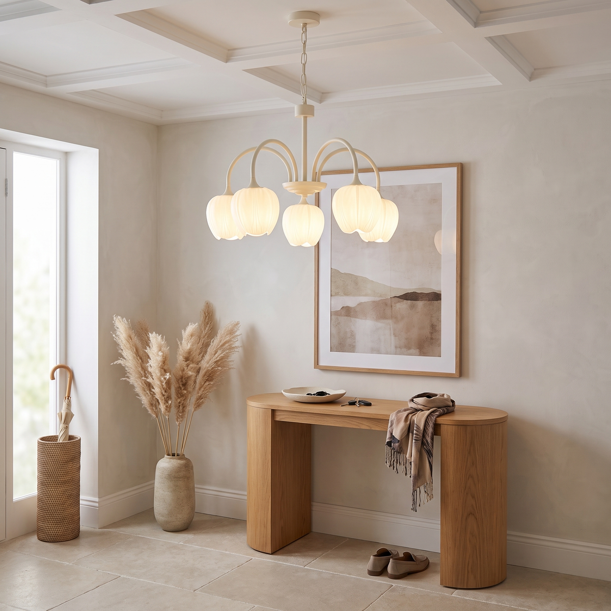 Tulipa 5 heads Creamy white &amp; White glass tulip chandelier in an entry hall