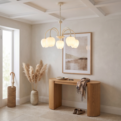 Tulipa 5 heads Creamy white &amp; White glass tulip chandelier in an entry hall