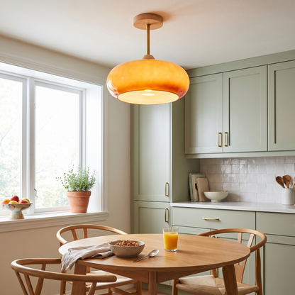 Disca natural wood and orange glass ceiling light in a kitchen breakfast nook