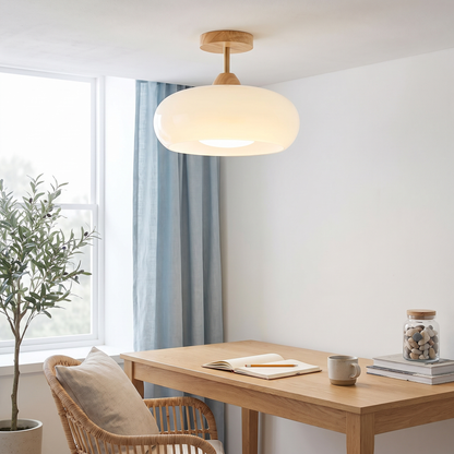 Disca natural wood and white glass ceiling light in a coastal home office