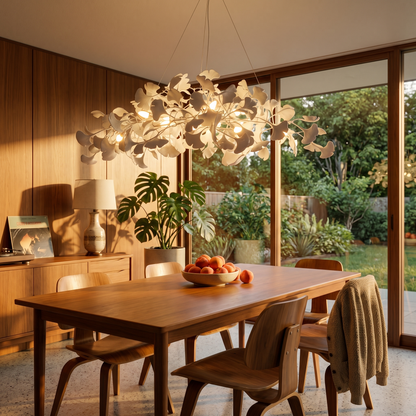 Icho White linear ginkgo leaf chandelier in a mid century dining room
