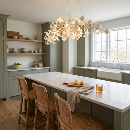 Icho Gold linear ginkgo leaf chandelier in a farmhouse kitchen over the island