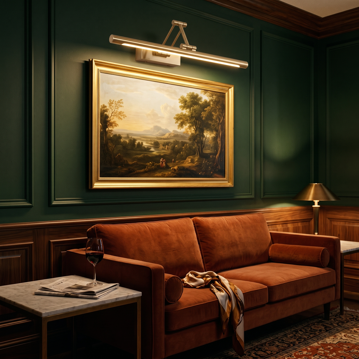 Brillan Model B gold LED picture light in a boutique hotel suite