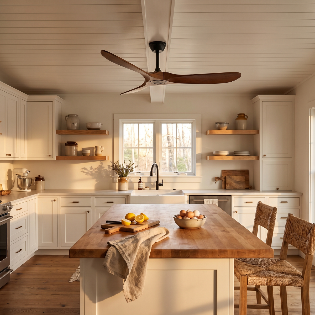 Sirocco walnut wood and black ceiling fan in a farmhouse kitchen