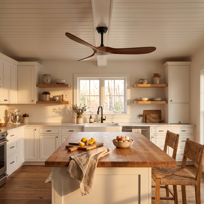 Sirocco walnut wood and black ceiling fan in a farmhouse kitchen