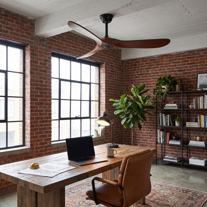 Sirocco walnut wood and black ceiling fan in an industrial loft home office