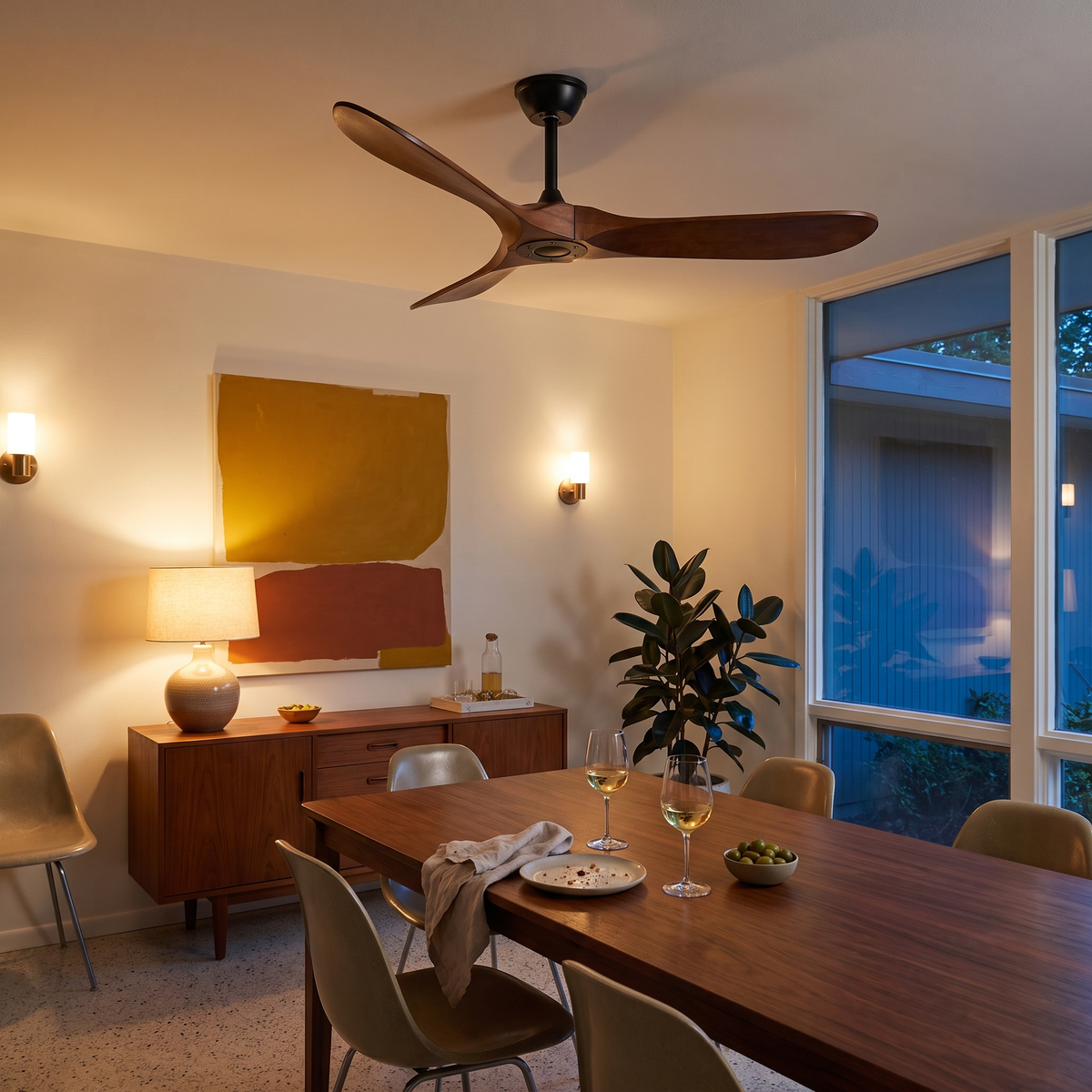 Sirocco walnut wood and black ceiling fan in a mid-century dining room