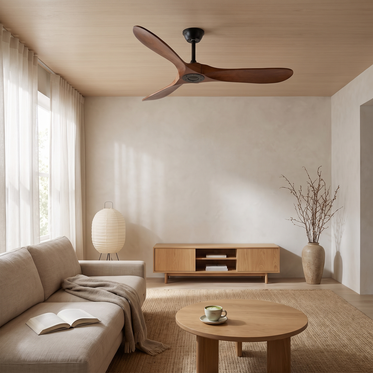 Sirocco walnut wood and black ceiling fan in a Japandi living room