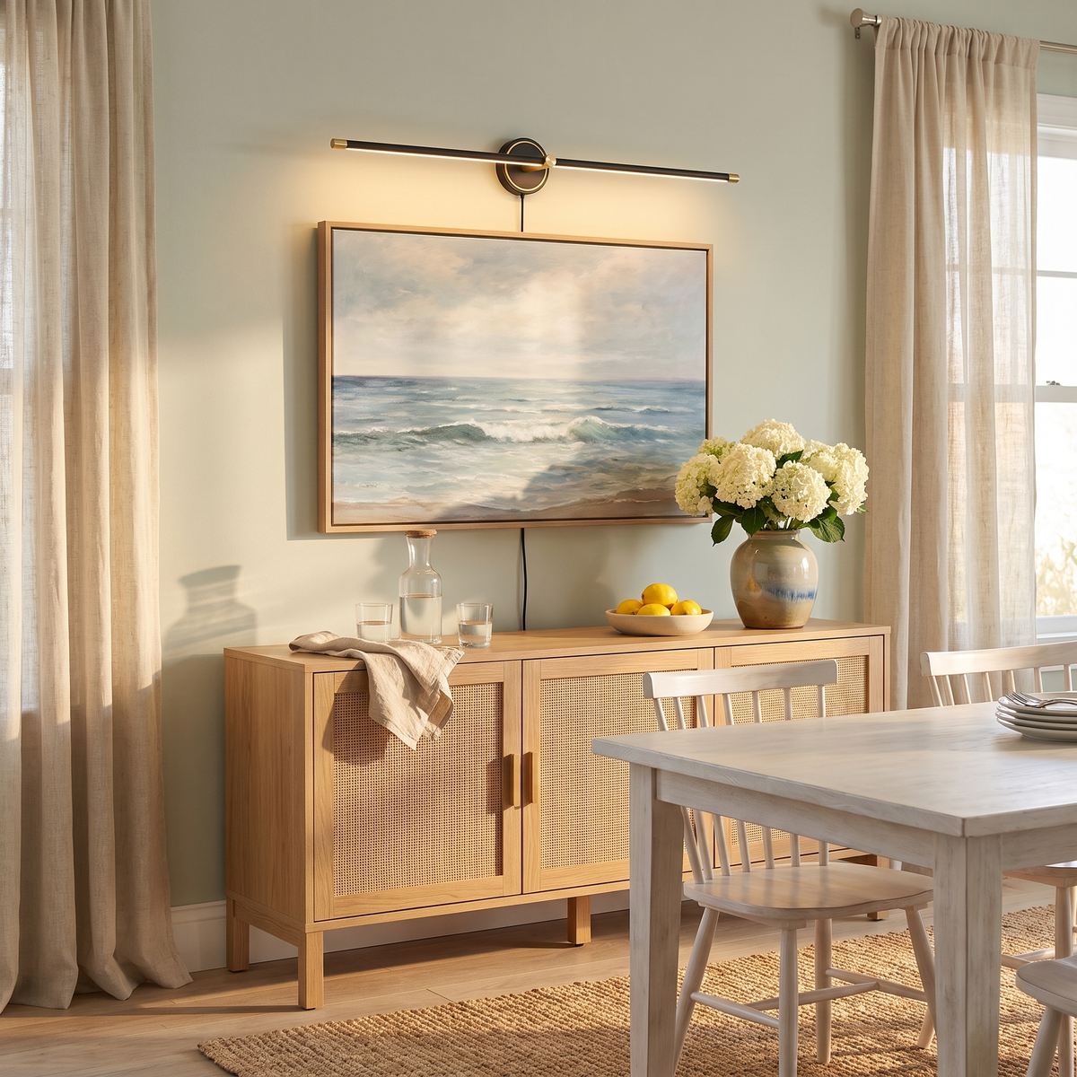 Lumio Black+Gold &amp; Warm Light linear plug-in picture light in a coastal dining room above framed art