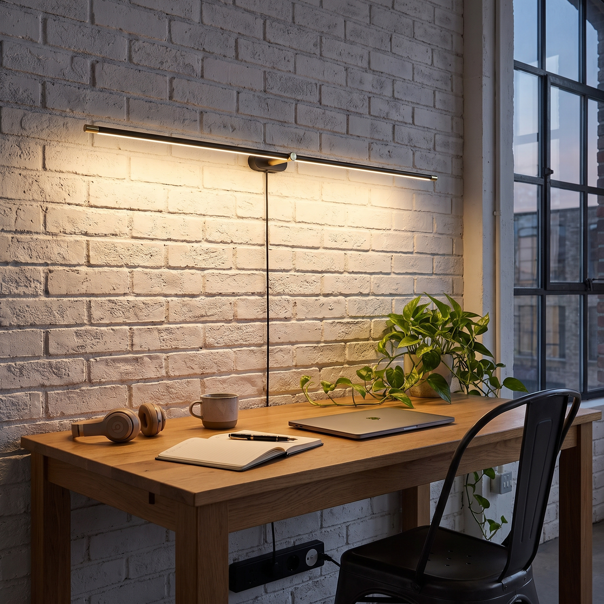 Lumio Black+Gold &amp; Warm Light linear plug-in wall lamp in an industrial loft home office above the desk