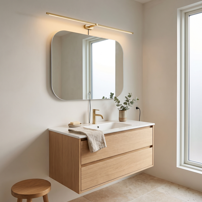 Lumio Gold &amp; Warm Light linear plug-in wall lamp in a Japandi bathroom above the vanity mirror