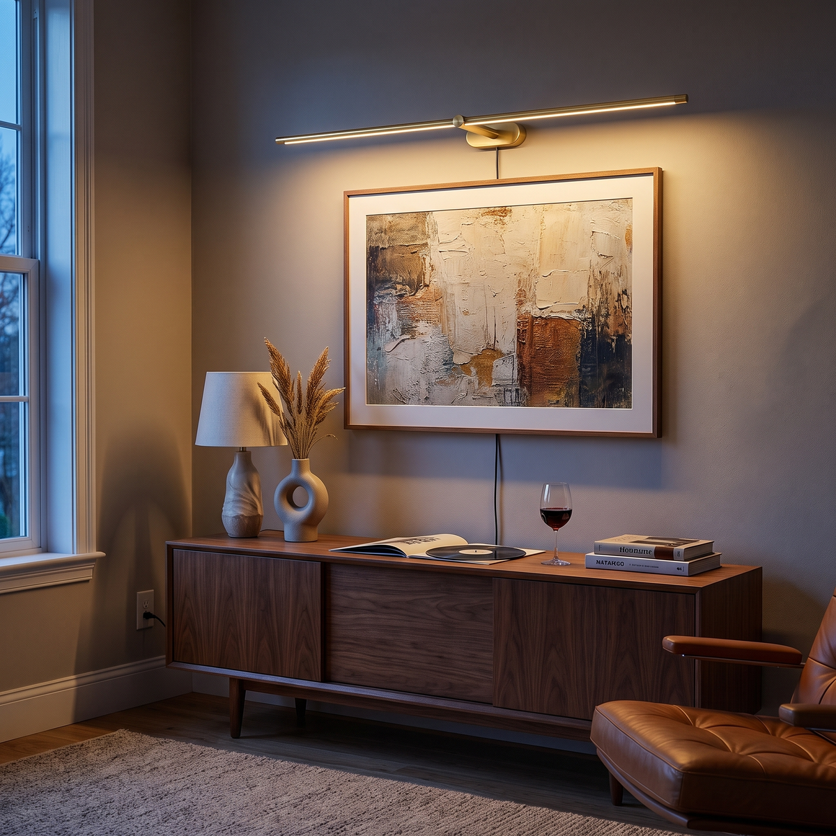 Lumio Gold &amp; Warm Light linear plug-in picture light in a mid-century living room above framed art
