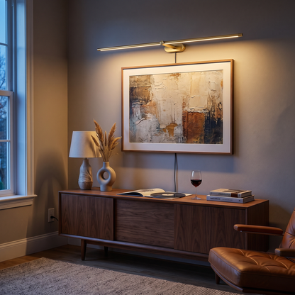 Lumio Gold &amp; Warm Light linear plug-in picture light in a mid-century living room above framed art