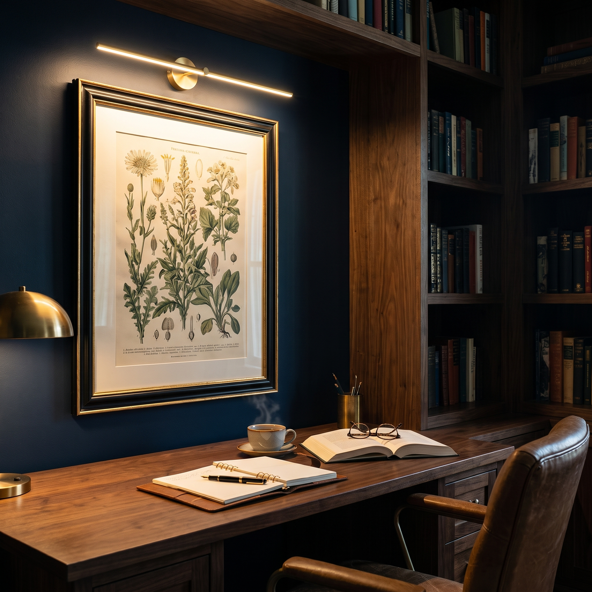 Arlen Gold linear LED picture light above a botanical print in a home library office