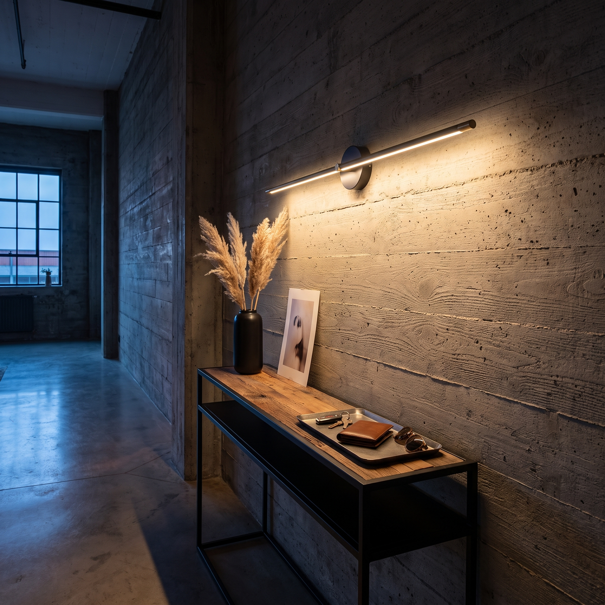 Arlen Black linear LED wall light above a console in an industrial loft hallway