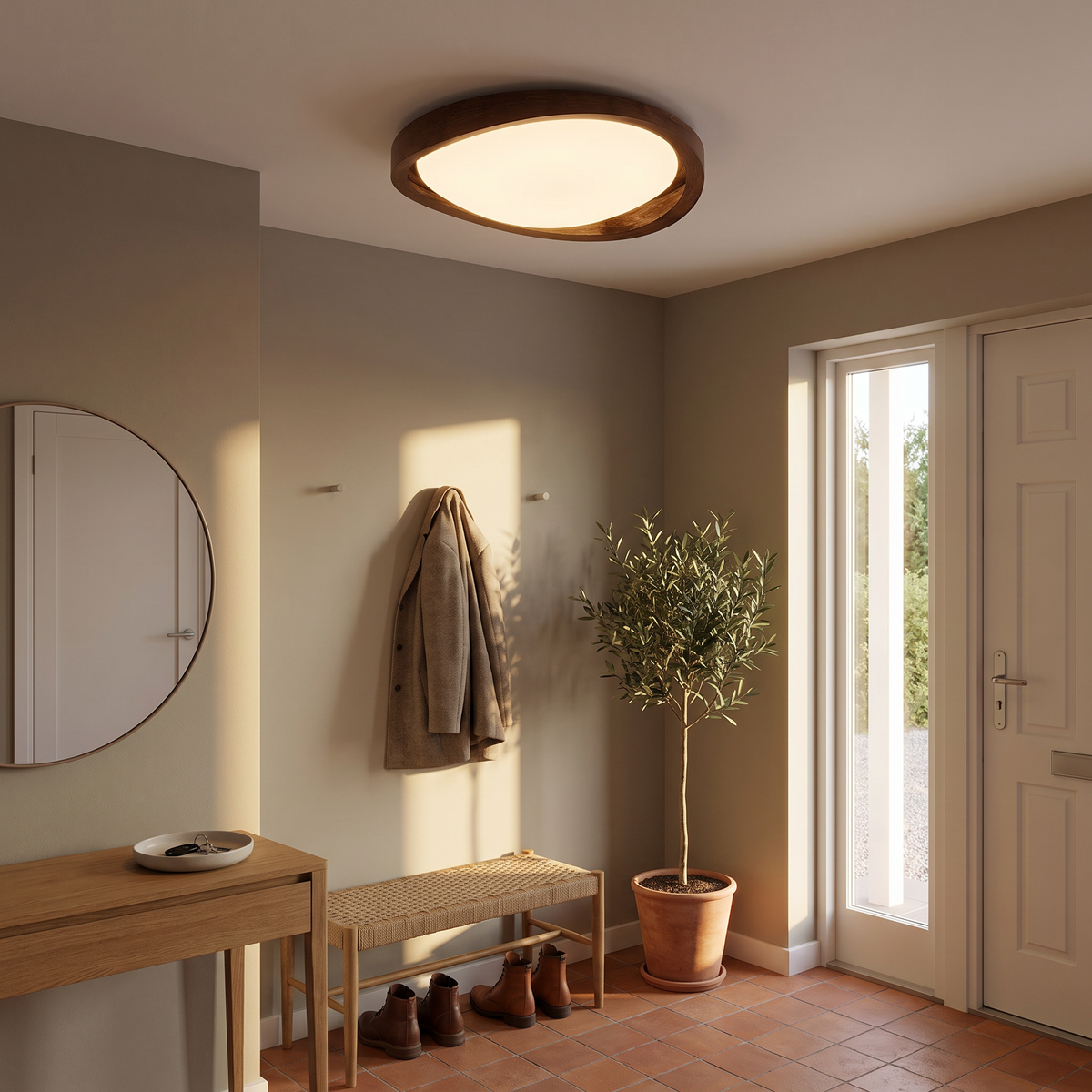 Noyer Model A walnut wood grain flush mount ceiling light in an entry hall
