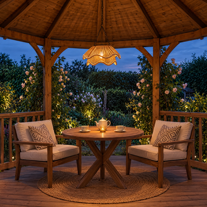 Tinsley Woven Outdoor Pendant Double-Layer, 14.4 in wide, in a garden gazebo