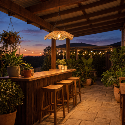Tinsley Woven Outdoor Pendant Single-Layer, 14.4 in wide, hanging over an outdoor bar