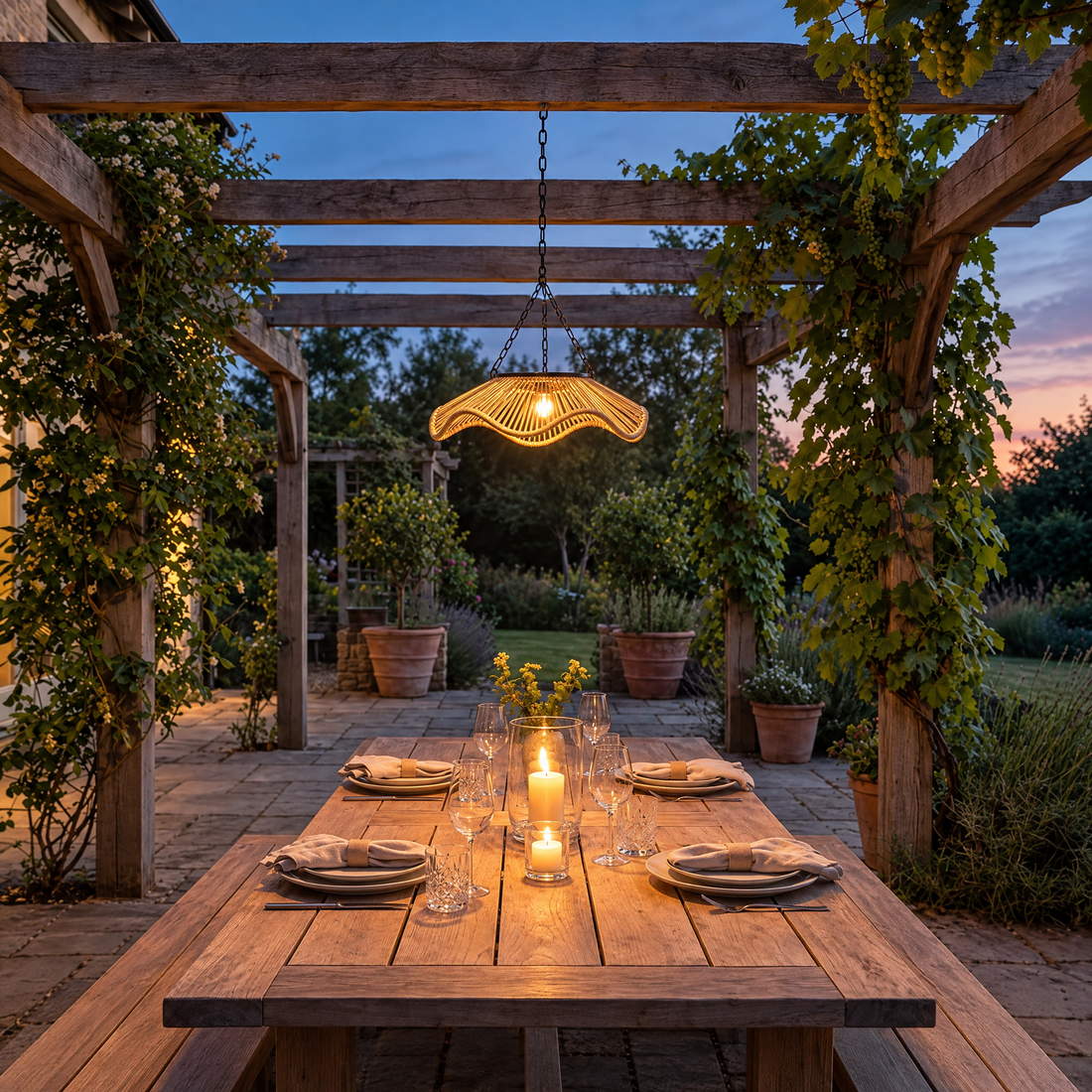 Tinsley Woven Outdoor Pendant Single-Layer, 14.4 in wide, above a pergola dining table
